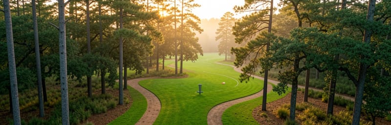 Disc golf fairway at sunrise